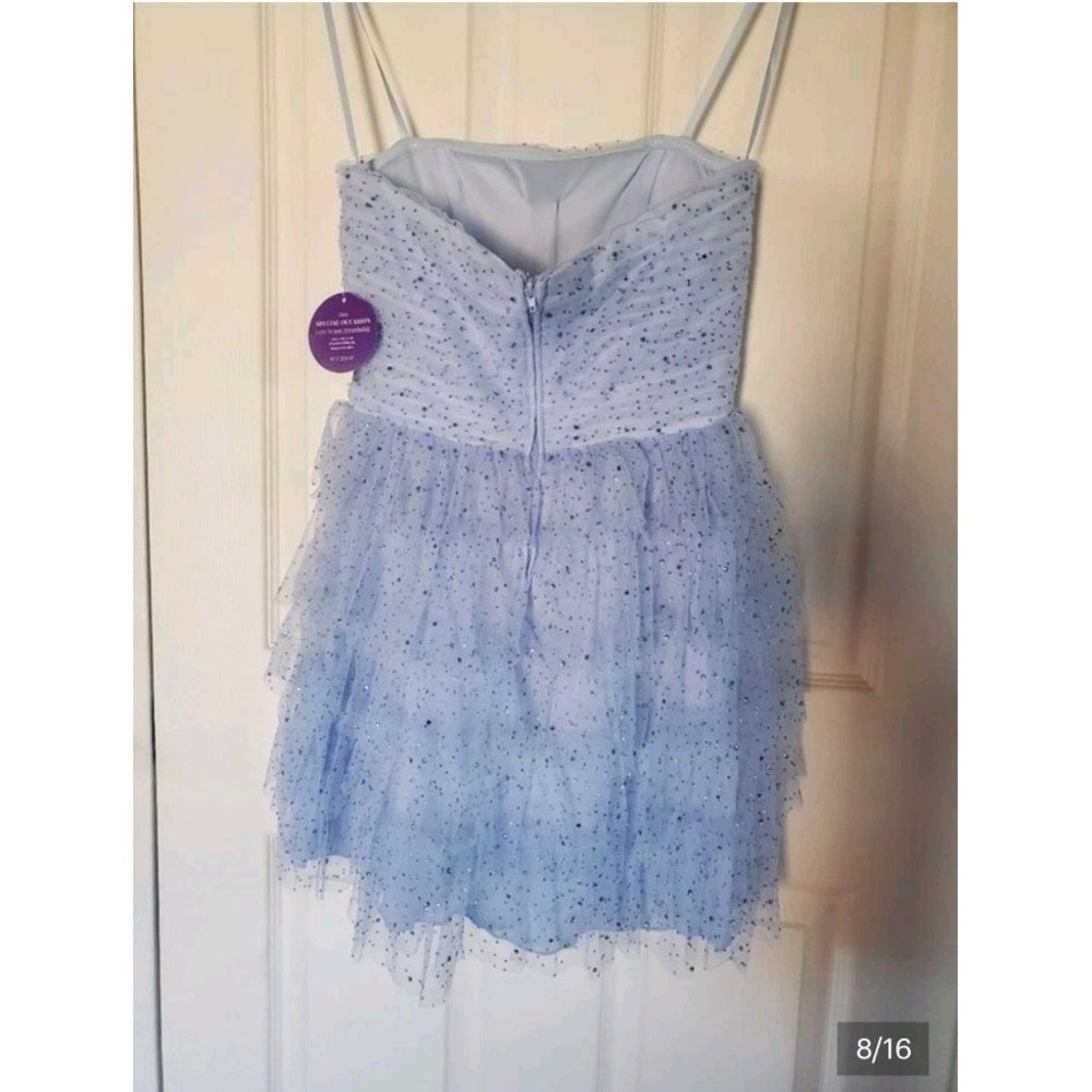 Windsor Arie Powder Blue Strapless Tiered Tulle Mini Dress Rhinestone Fairy Med - Picture 5 of 13